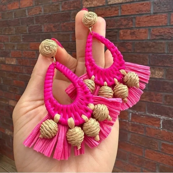 Anthropologie Pink Raffia Breaded Earrings - Picture 3 of 5
